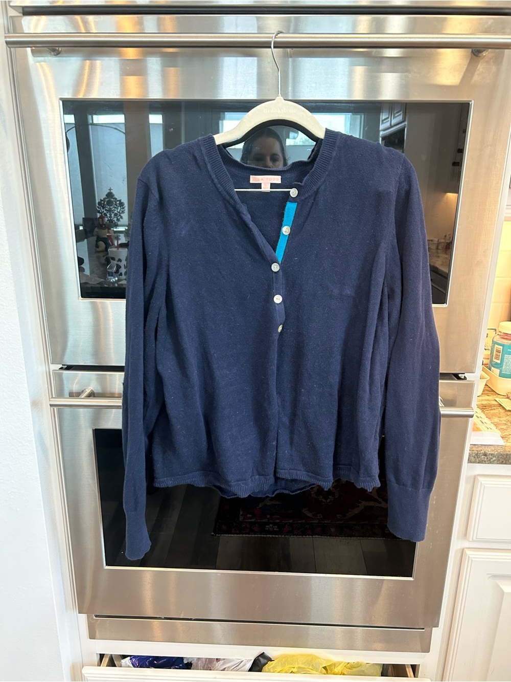 Lisa Todd Navy Blue 3/4 button Sweater with heart patch elbows size L